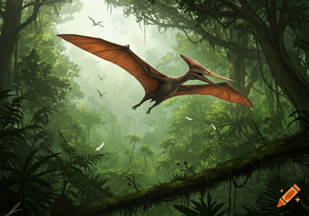 A large, brown pterodactyl with leathery wings flies through a lush, misty jungle with tall trees and other pterosaurs in the background. Digital painting.