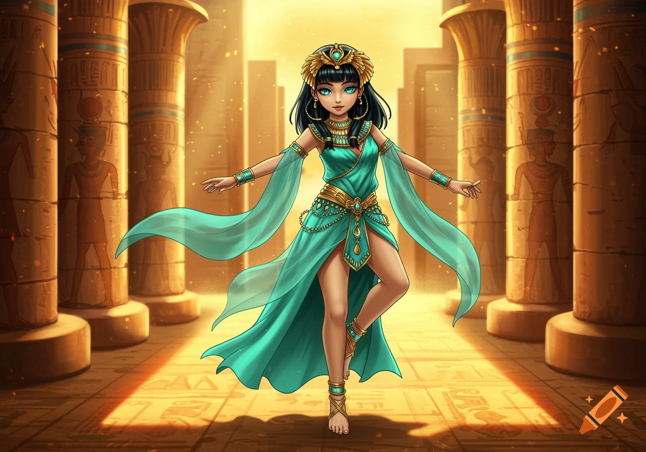 An anime-style Egyptian princess dancer in a teal dress and gold jewelry poses in a golden temple.
