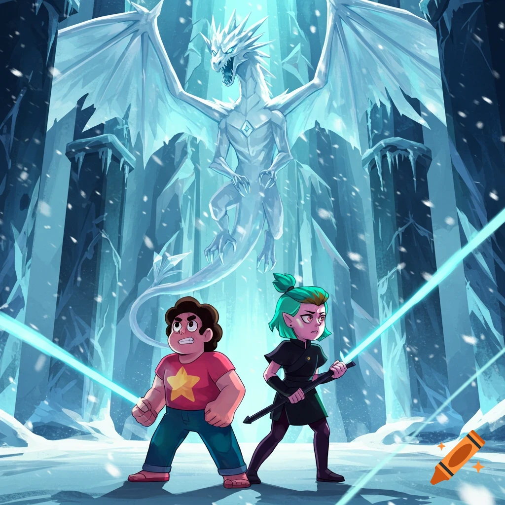 Steven Universe and Amity Blight confront a large ice dragon in a snowy ice temple, cartoon style.