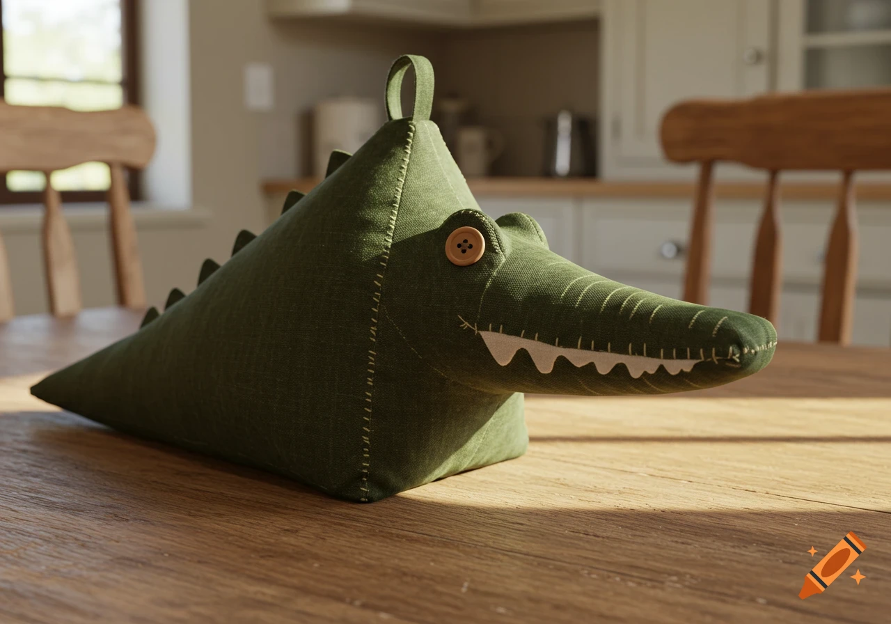 A realistic product photo of a handmade dark olive-green fabric crocodile doorstop with a button eye and felt teeth on a rustic wooden kitchen table.
