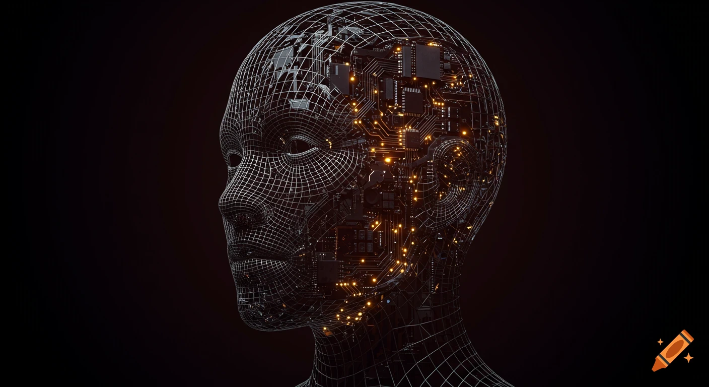 Profile view of a wireframe human head with glowing circuit board elements inside, on a dark background.