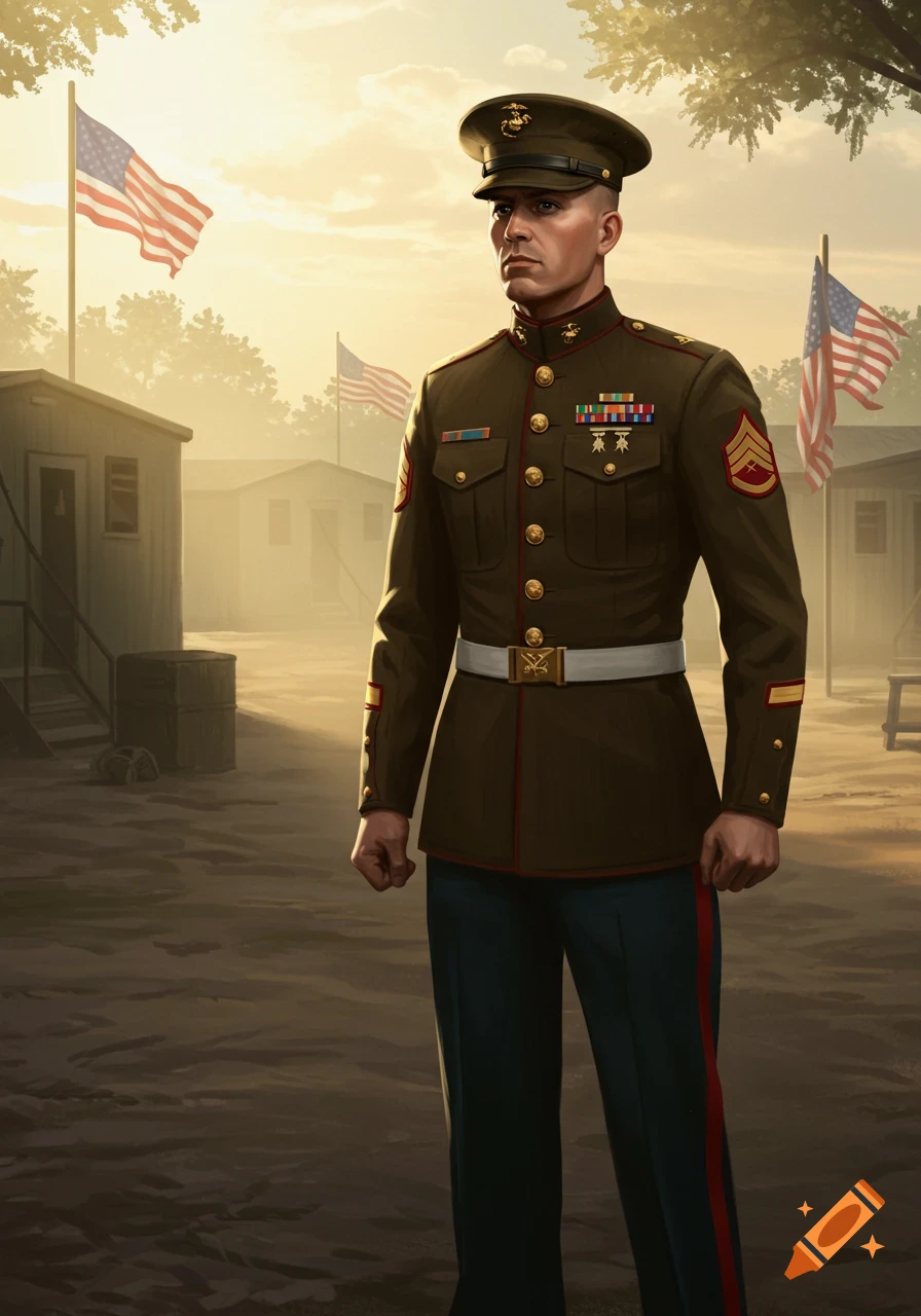 A digital art portrait of a US Marine Staff Sergeant in uniform standing on a military base with US flags at sunset.