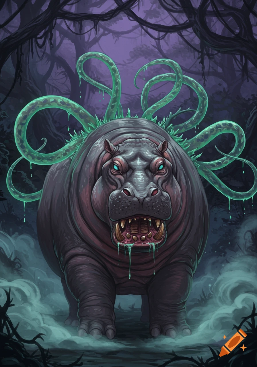 A snarling eldritch hippopotamus creature with glowing blue eyes, tusks, and green tentacles stands in a misty, dark jungle in an anime art style.