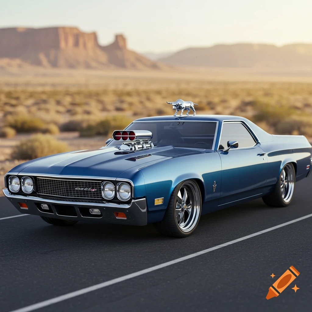 A custom blue car, half El Camino and half Gran Torino, with a chrome bull hood ornament, drives on a desert road with mountains in the background.