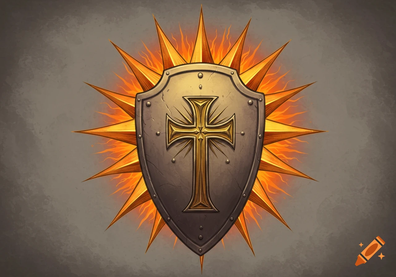 A stylized grey shield with a golden cross in the center, surrounded by a fiery golden sunburst on a grey background.