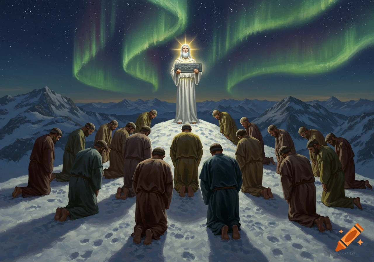 A god-like figure with a glowing halo stands atop a snowy mountain, holding a computer keyboard. Many robed men kneel in worship around him under an aurora-lit night sky over snow-capped mountains.