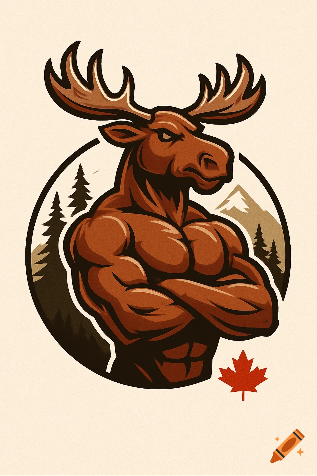 A muscular, cartoon-style moose with folded arms as a Canadian gym logo, featuring pine trees, a mountain, and a maple leaf.