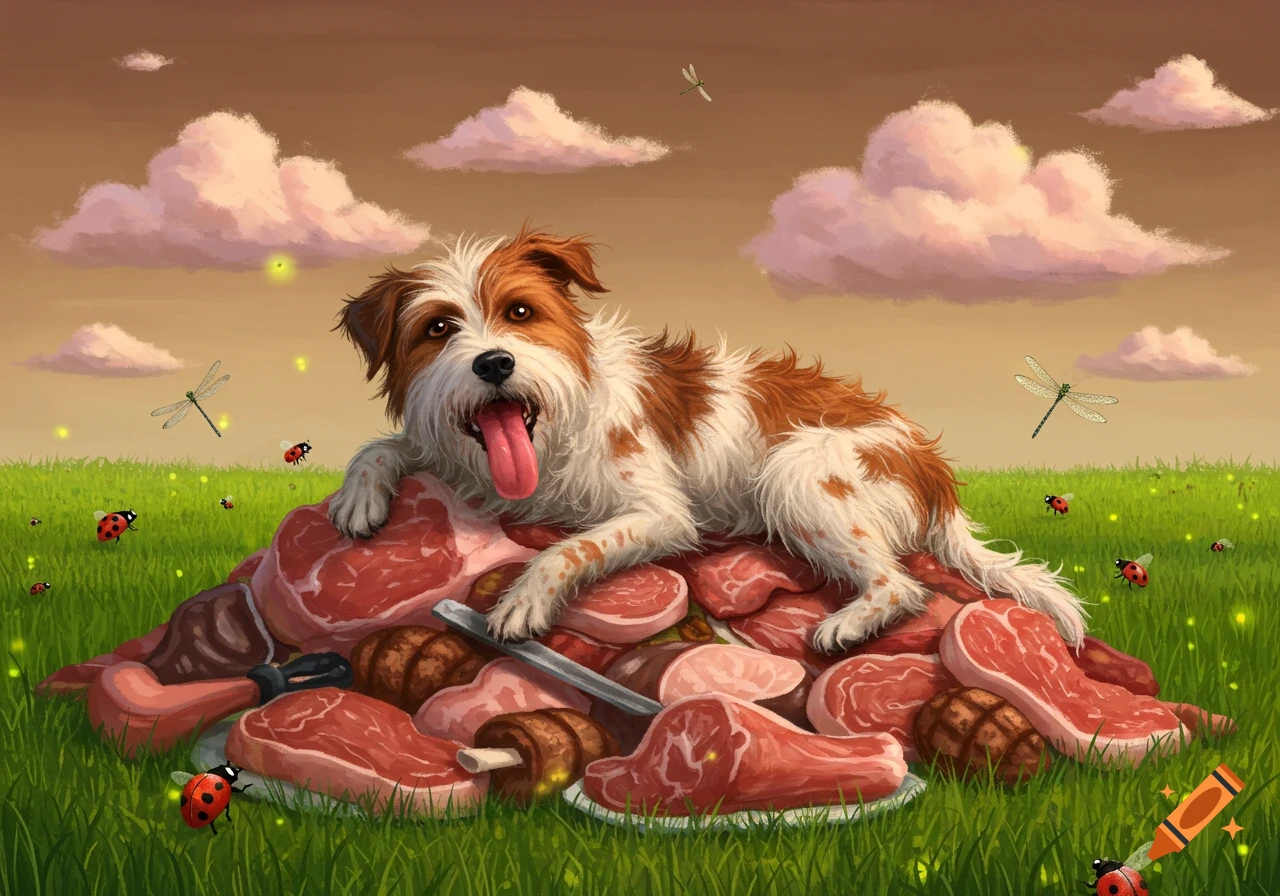 A happy, shaggy brown and white dog lies on a large pile of raw meat and sausages in a green field under a brown sky with pink clouds, ladybugs, dragonflies, and lightning bugs. The dog's tongue is bright pink and hanging out.
