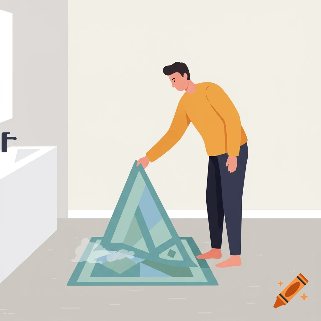 An illustration of a man with dark hair and an orange shirt lifting the corner of a teal bath mat in a bathroom.