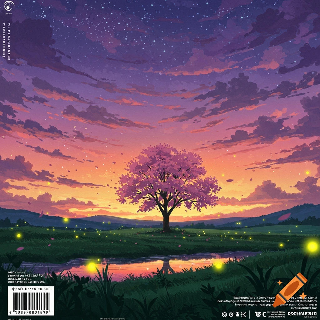 An anime-style album cover featuring a cherry blossom tree in a field with a stream under a starry, purple and orange twilight sky, with fireflies.