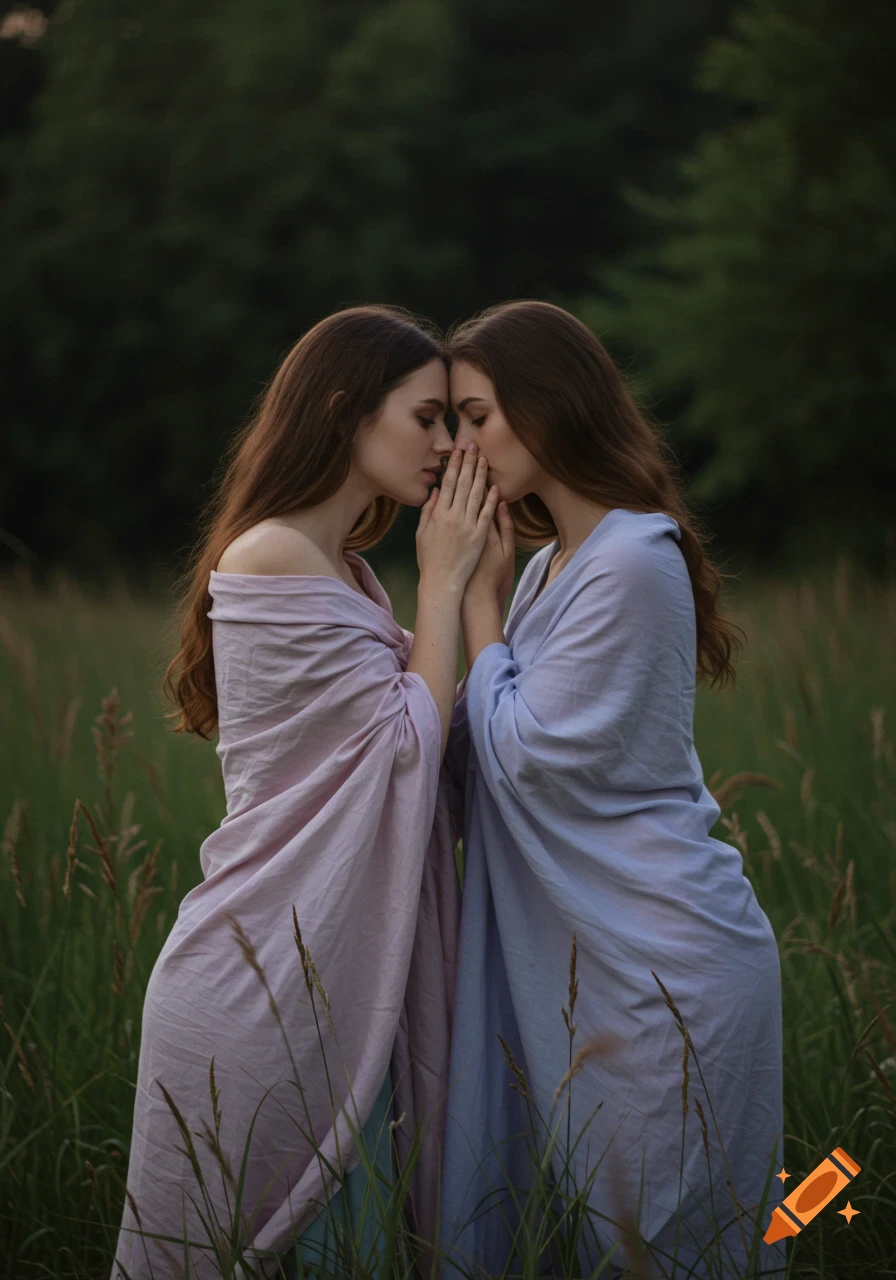 Two women with long brown hair, dressed in pastel draped fabric, stand face to face with hands clasped in a tall grassy field.