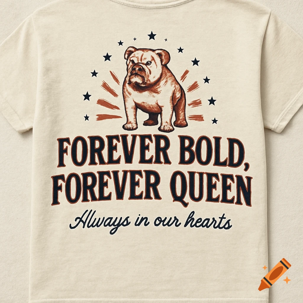 Cream T-shirt with a vintage design featuring a bulldog, stars, and sunbursts. Text: 'FOREVER BOLD, FOREVER QUEEN' and 'Always in our hearts'.