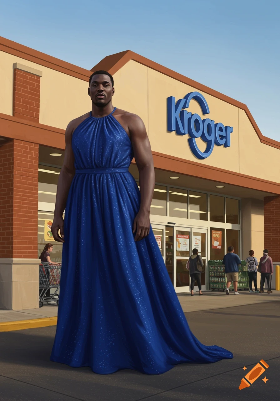 A tall Black man in a sparkling blue halter-neck gown stands proudly outside a Kroger grocery store under a clear sky.