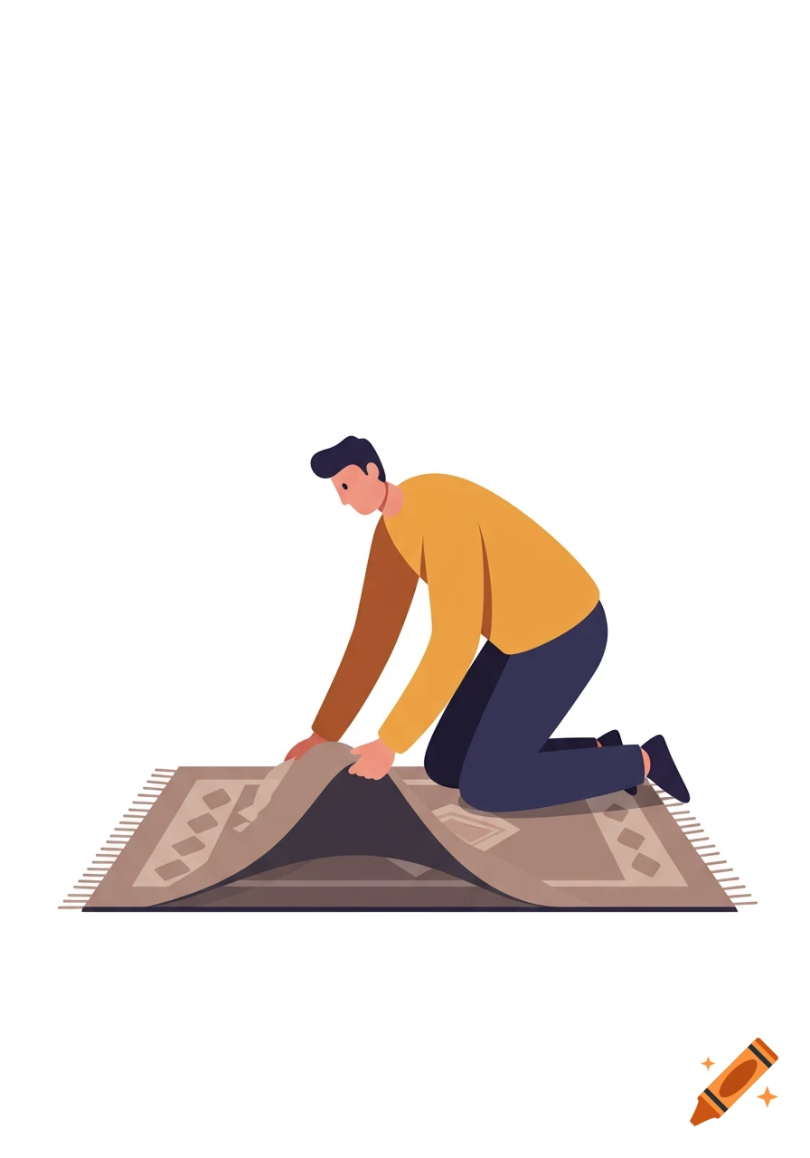 A stylized illustration of a man kneeling on a patterned rug, lifting its edge to look underneath.