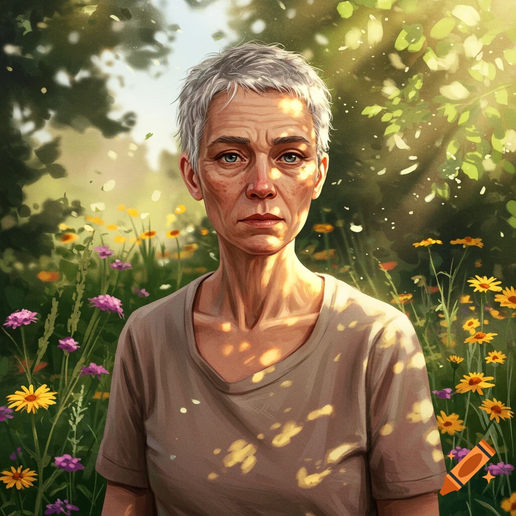 A detailed illustration of an older woman with short gray hair, a serious expression, standing in a sunny field of colorful wildflowers.