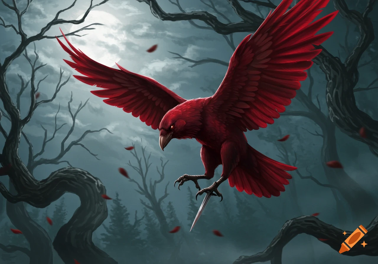 A vibrant red bird with glowing eyes flies through a misty, barren forest at night, gripping a silver dagger in its talons. Fantasy art style.