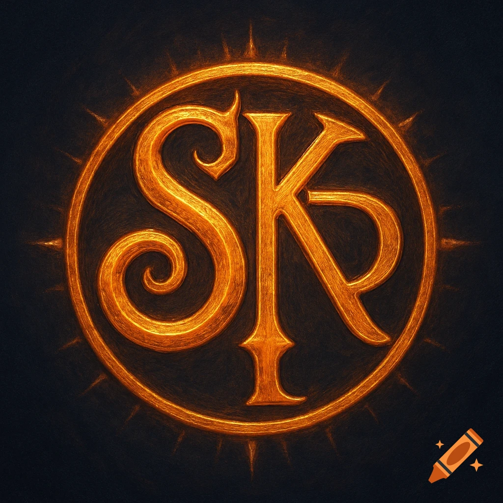 Golden emblem with stylized letters SKR in a sun-ring, on a dark textured background.