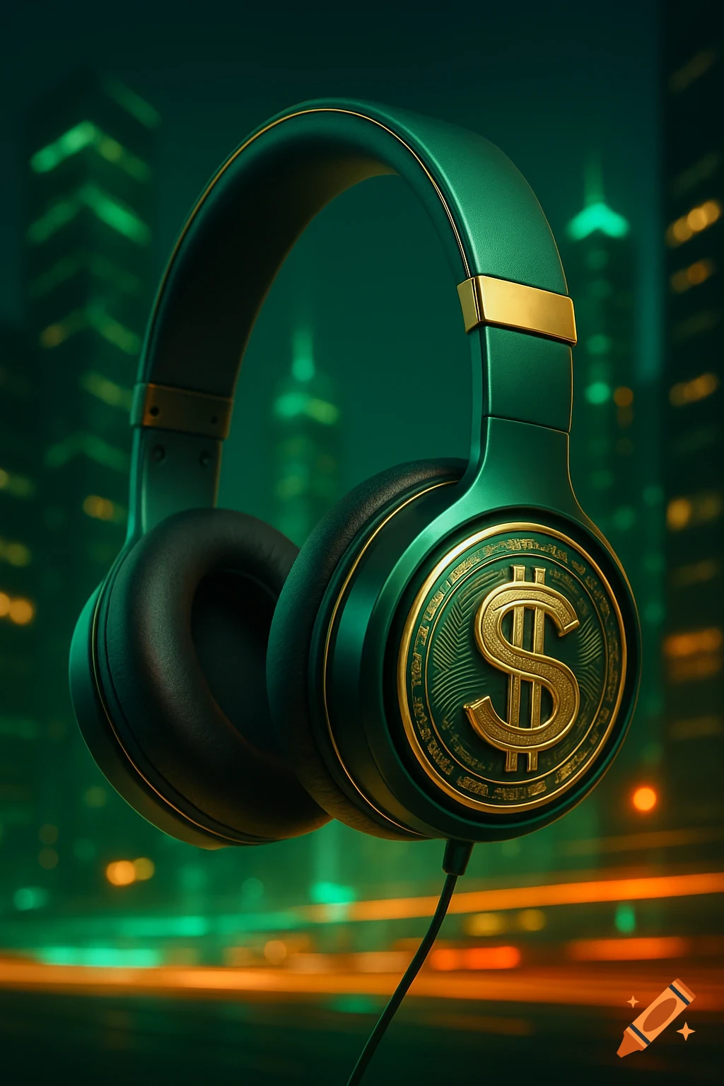 Green and gold headphones with a dollar sign logo on the earcup, set against a blurred city background.