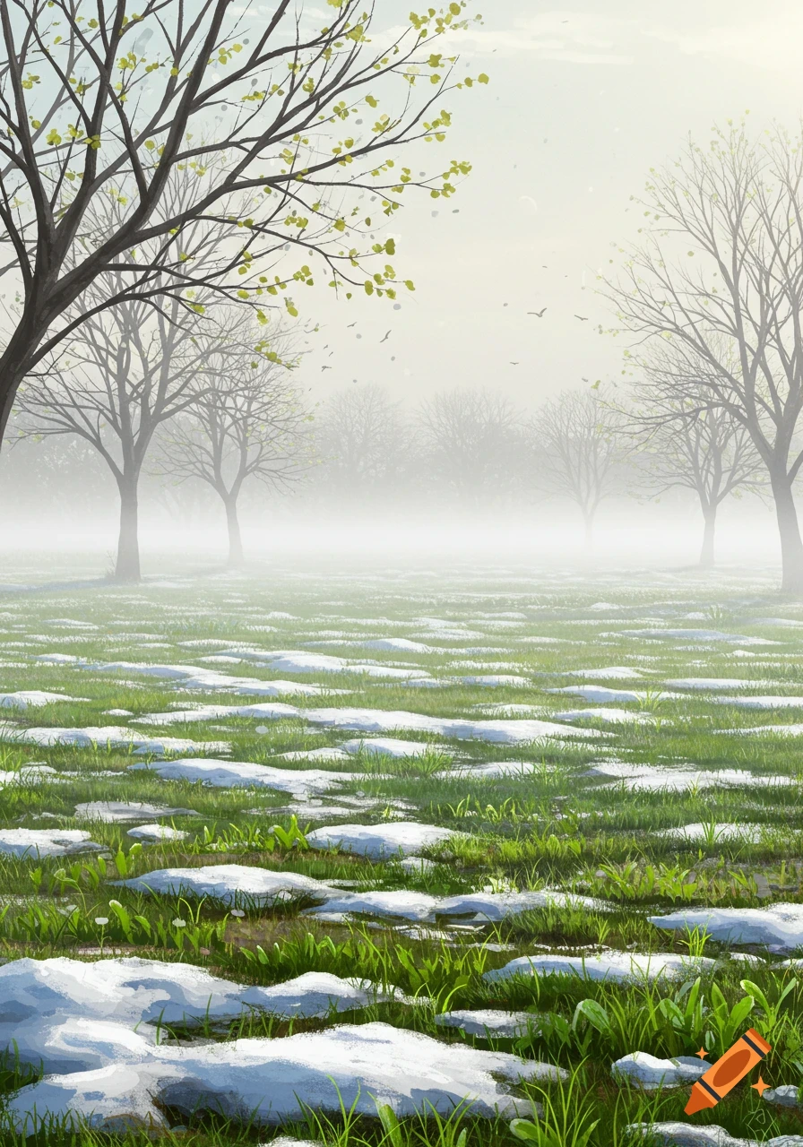 Illustrative landscape of a spring field with melting snow, green grass, budding trees, and a misty forest background.