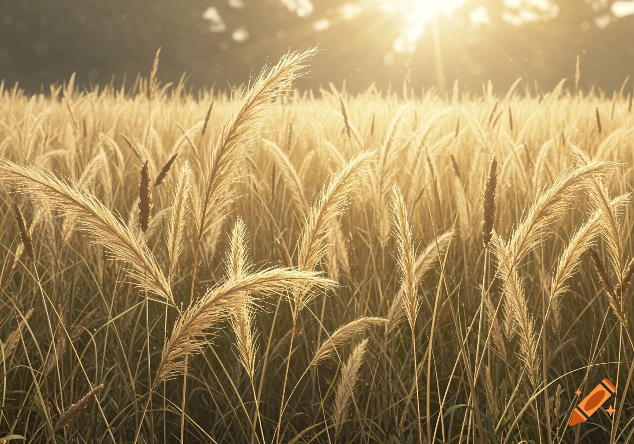 Close-up photorealistic view of golden wild herbs in a field, bathed in warm sunlight.