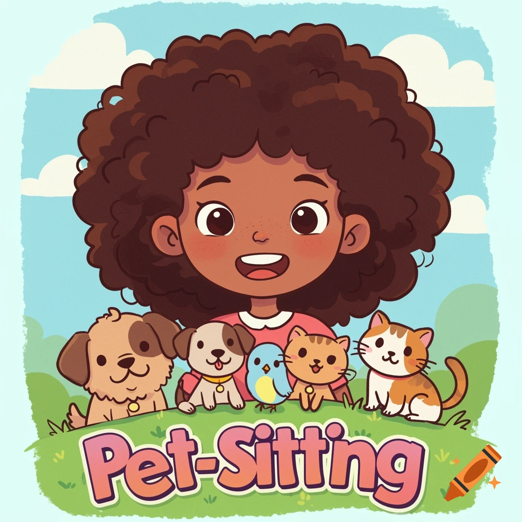 Cartoon girl with curly hair surrounded by a dog, puppy, bird, and two cats, with 'Pet-Sitting' text.