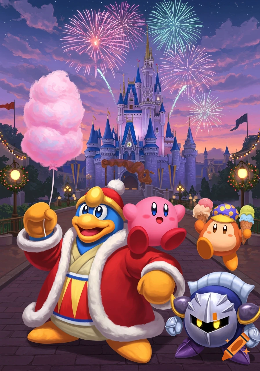 Kirby, King Dedede, Waddle Dee, and Meta Knight posing in front of a magical castle with fireworks in a colorful, cheerful scene.