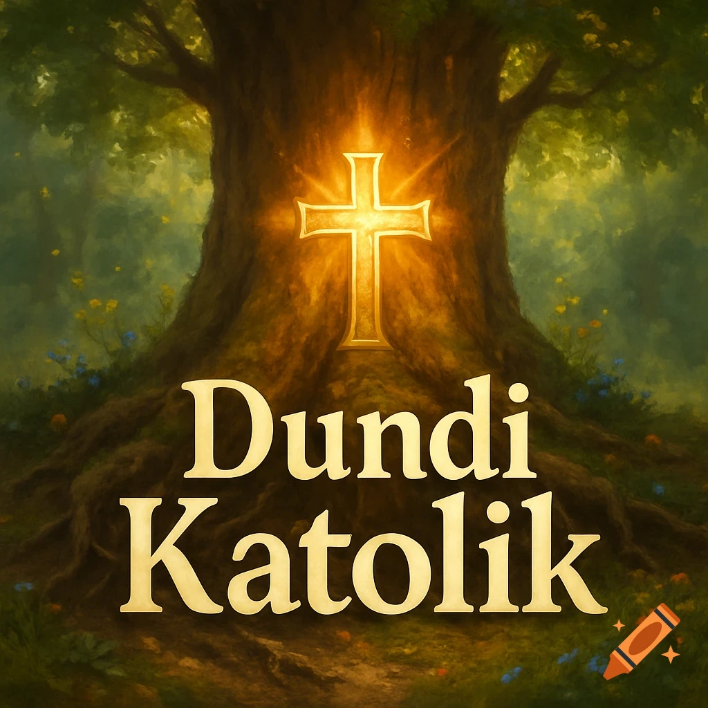A glowing golden cross emanates light from the trunk of a large, ancient tree with exposed roots, surrounded by a mystical forest. The text 'Dundi Katolik' is at the bottom.