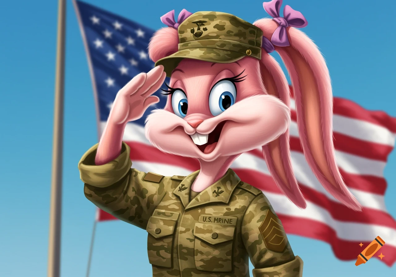 Pink-furred cartoon bunny in a U.S. Marines uniform and cap saluting in front of an American flag.