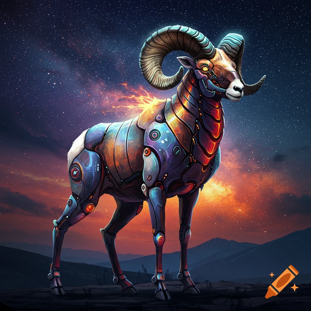 A futuristic, biomechanical bighorn sheep with blue, orange, and red cybernetic armor stands against a cosmic starry night sky.