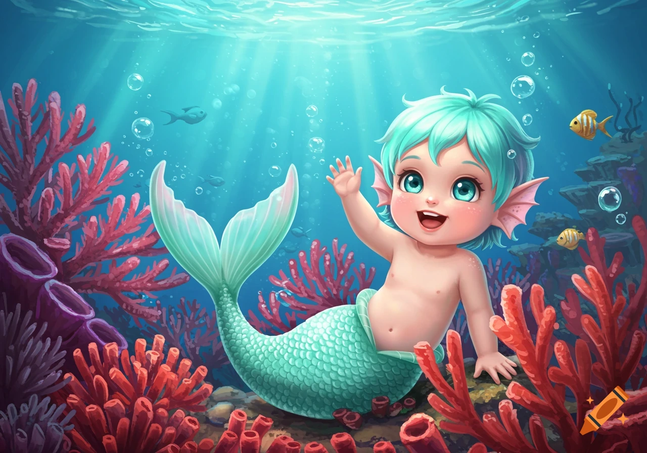A cute baby mermaid with mint green hair and tail, smiling and waving underwater amidst colorful coral and fish, in a cartoon style.
