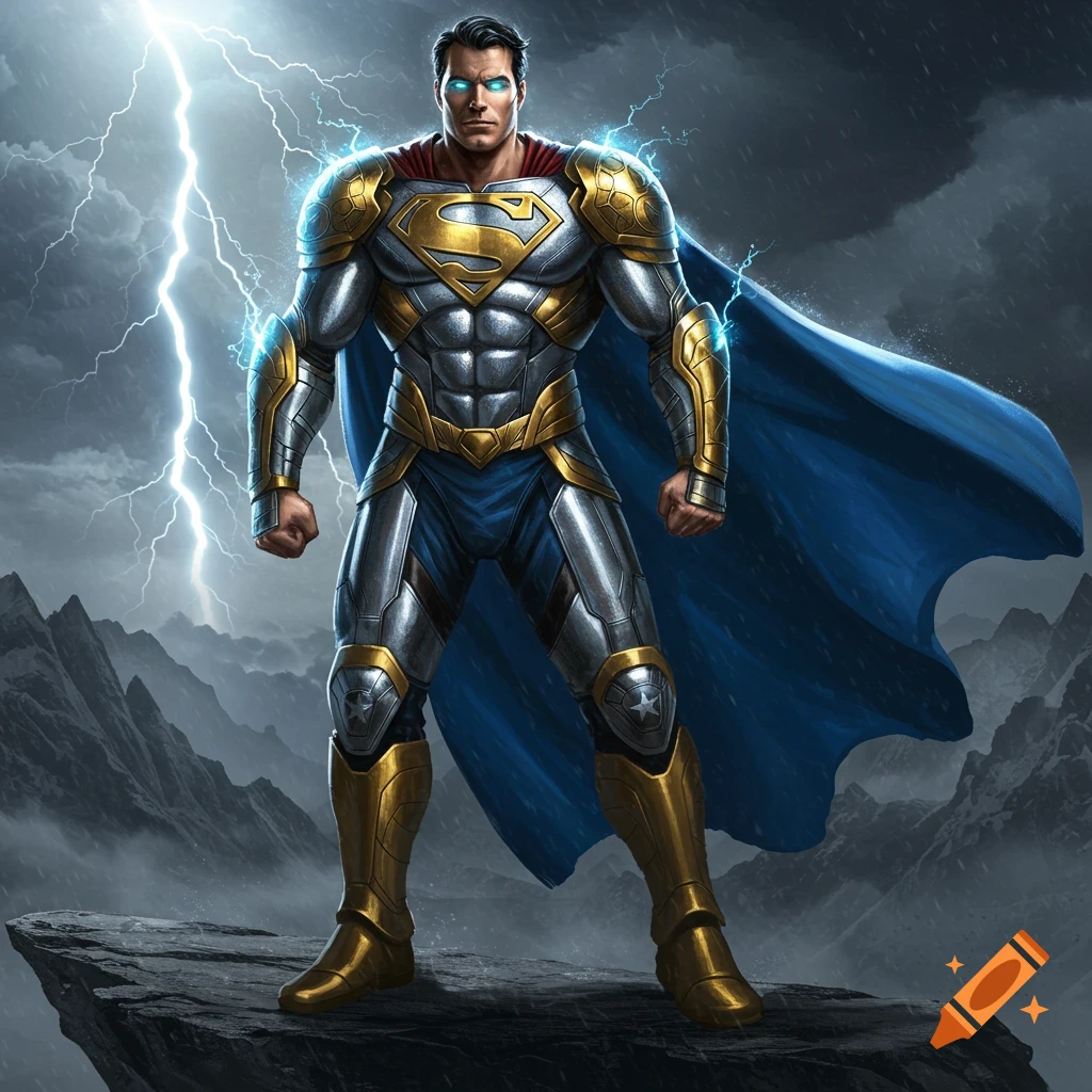 Superman in golden and silver Asgardian-style armor stands on a rocky mountain peak with lightning striking behind him.