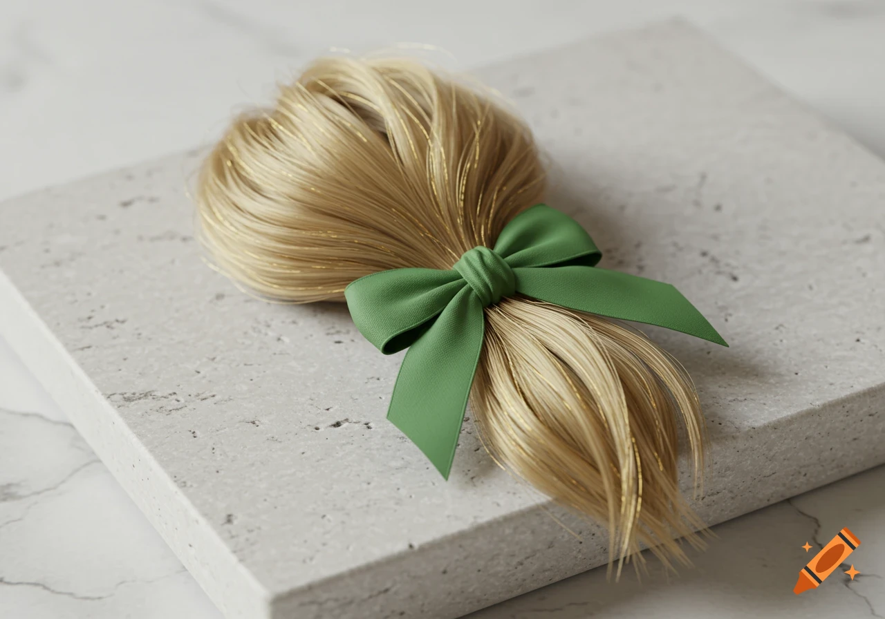 A blonde hairpiece tied with a green bow rests on a light grey limestone slab in a realistic product photography style.