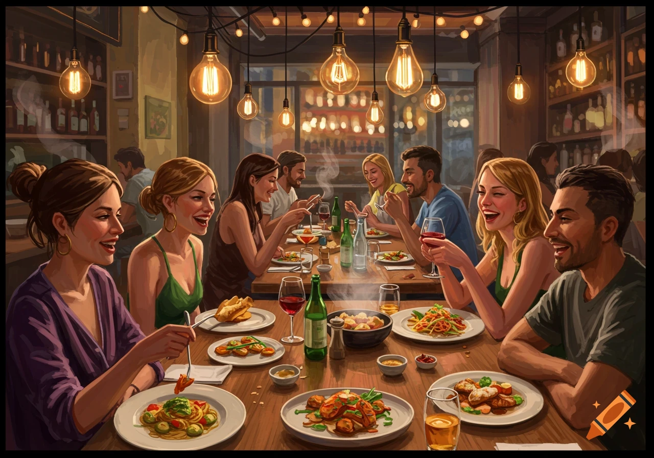 A group of friends laughing and dining at a warmly lit restaurant, with plates of food and drinks on the table.