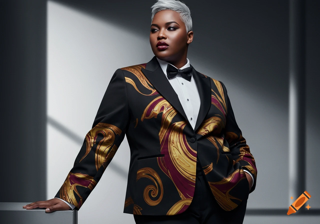 Photorealistic portrait of a plus-size model with short gray hair in a black tuxedo jacket with gold and burgundy print and a bow tie.