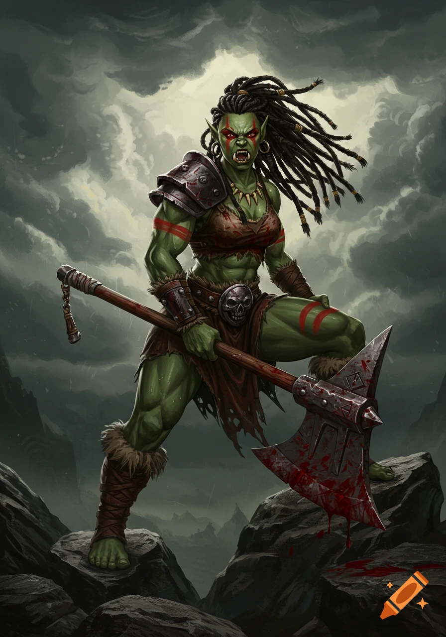 A muscular female orc berserker with green-gray skin, red war paint, and dreadlocks, holding a bloodstained axe, stands on rocks under a cloudy sky.