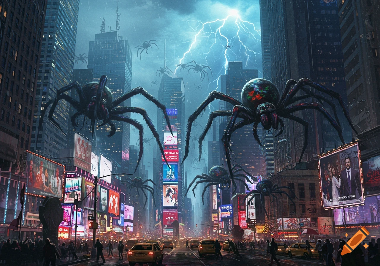 Giant black spiders descend upon a bustling cityscape under a stormy, lightning-filled sky, causing chaos.