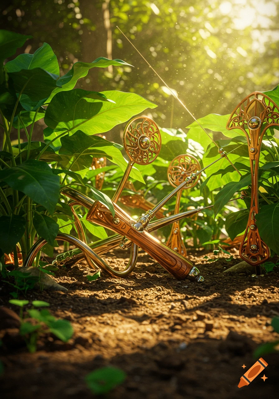 Photorealistic image of ornate copper and wood antenna-like structures among lush green plants in sunlit soil.
