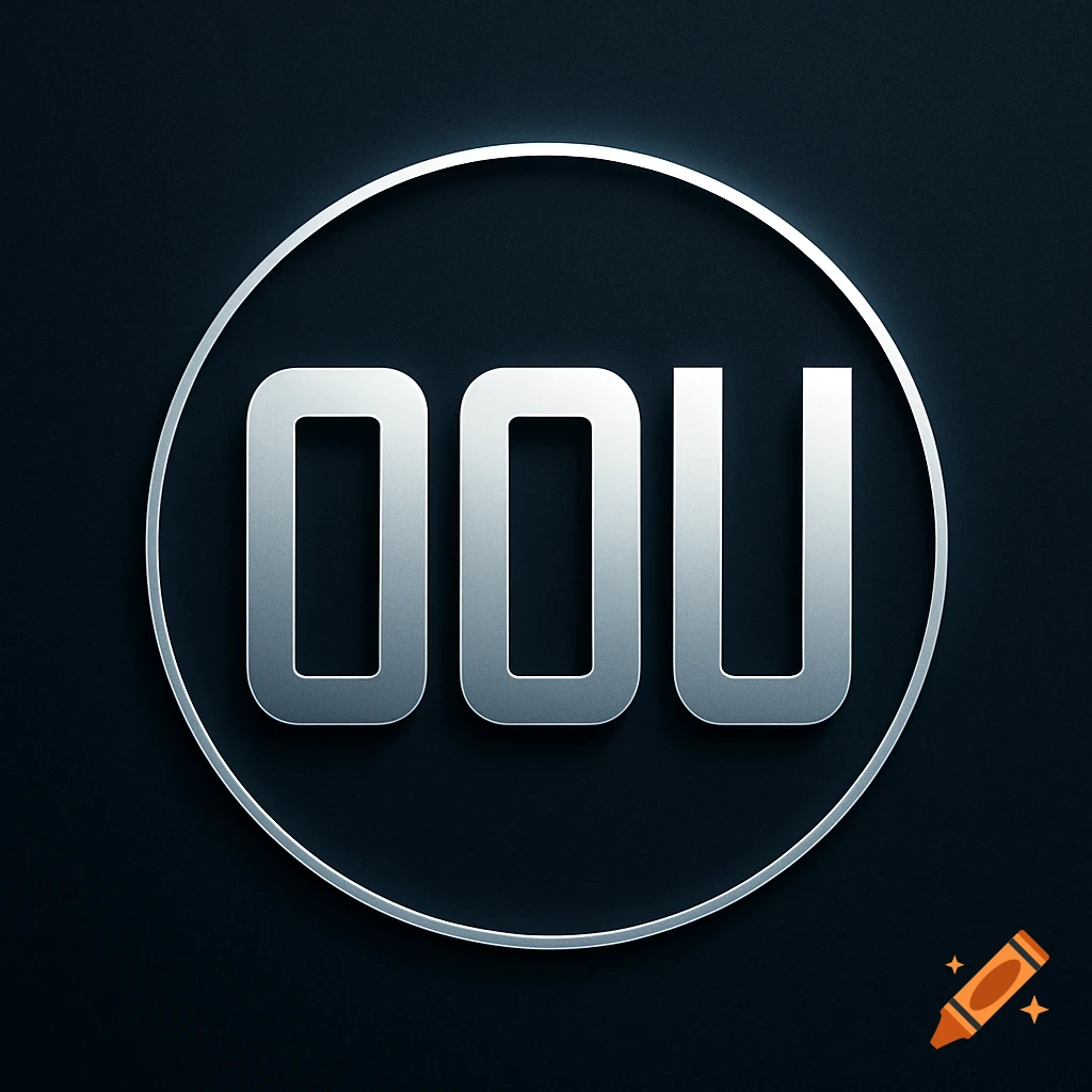 Silver metallic letters OOU inside a silver circle on a dark textured background.