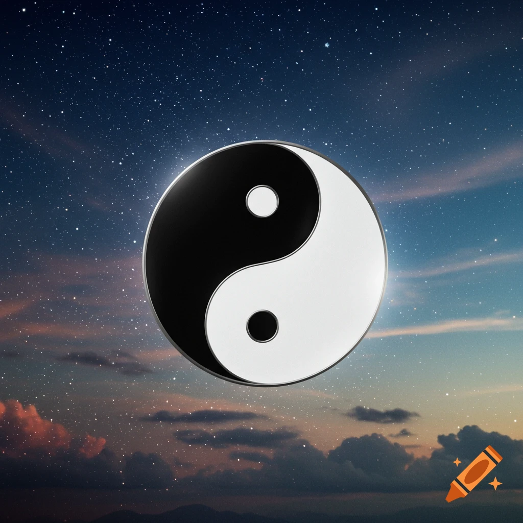 A shiny Yin Yang symbol floats against a vibrant, starry night sky with clouds at dusk.