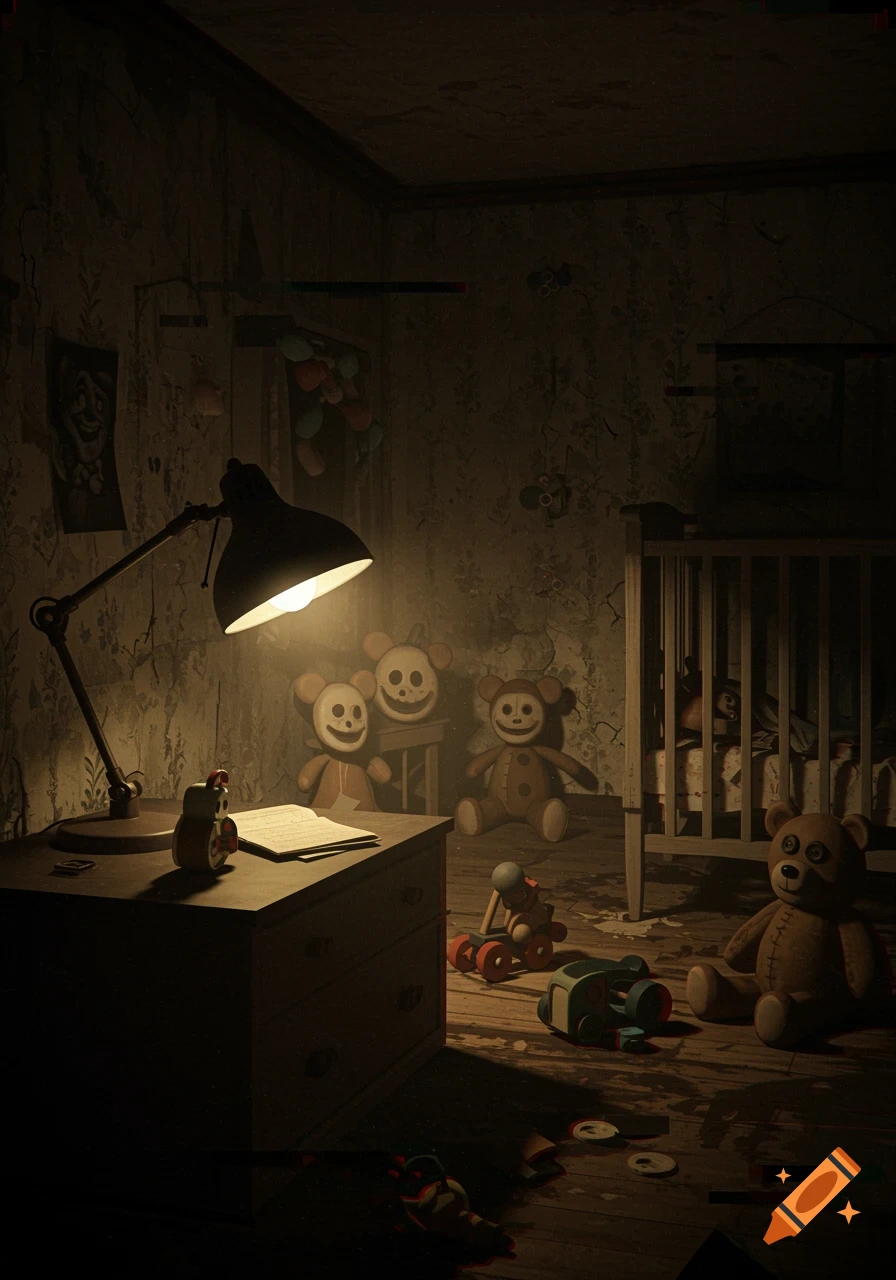 An eerie, dimly lit room with vintage teddy bears, a crib, and a desk lamp, evoking an analog horror style.