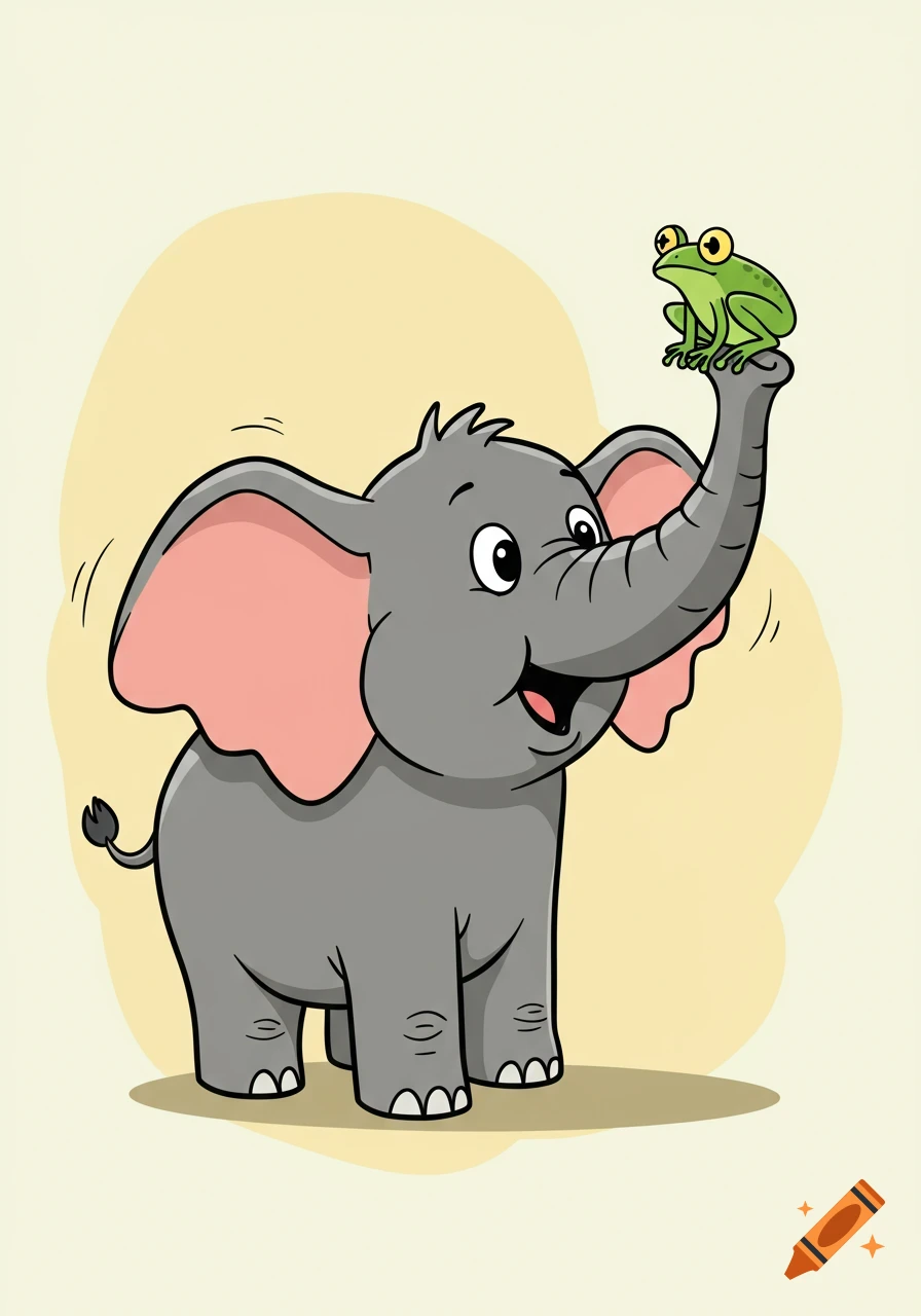 A happy cartoon grey elephant holds a green frog on the tip of its raised trunk, against a light yellow background.