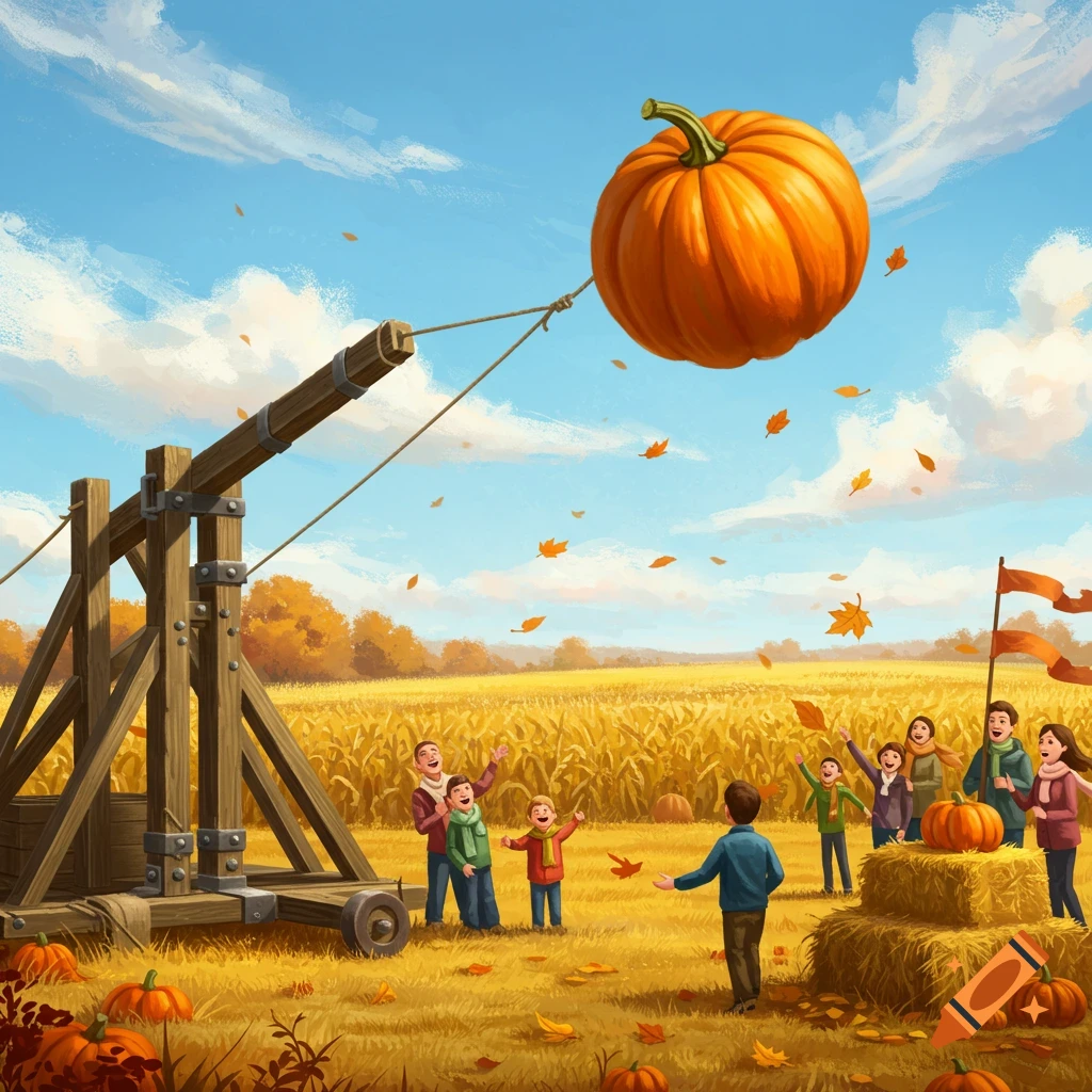 An illustrated scene: A giant pumpkin is launched from a catapult in a golden autumn field, with excited people watching and leaves falling.