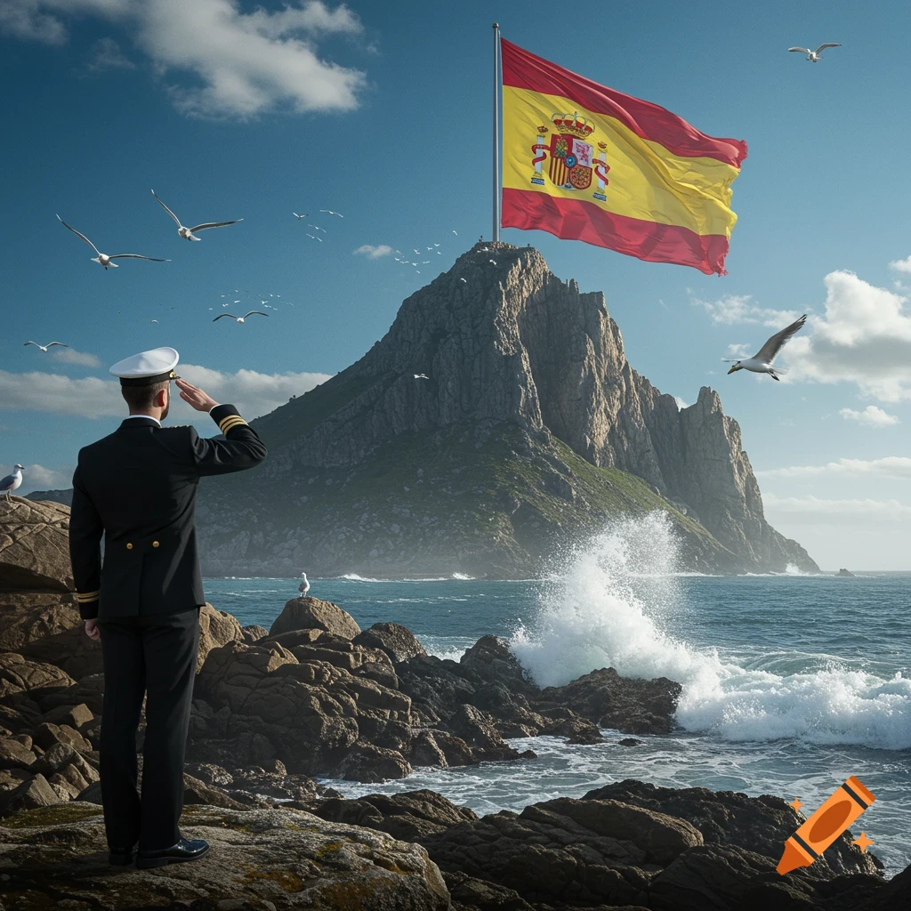 A naval officer saluting a large Spanish flag atop a mountain, with waves crashing on a rocky coastline. Photorealistic style.