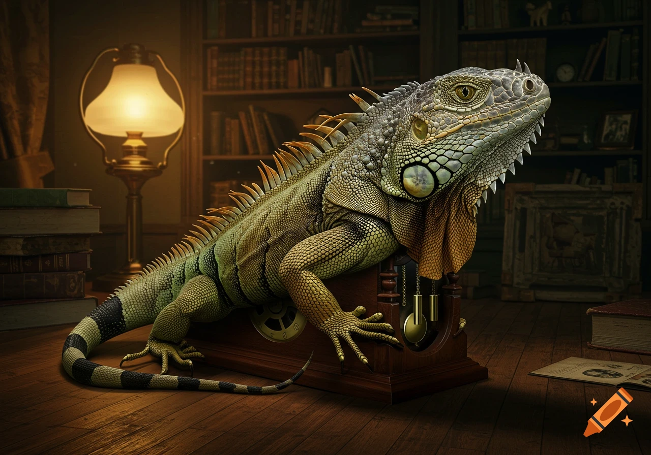 Photorealistic image of a large green iguana fused with a wooden grandfather clock in a dimly lit library.