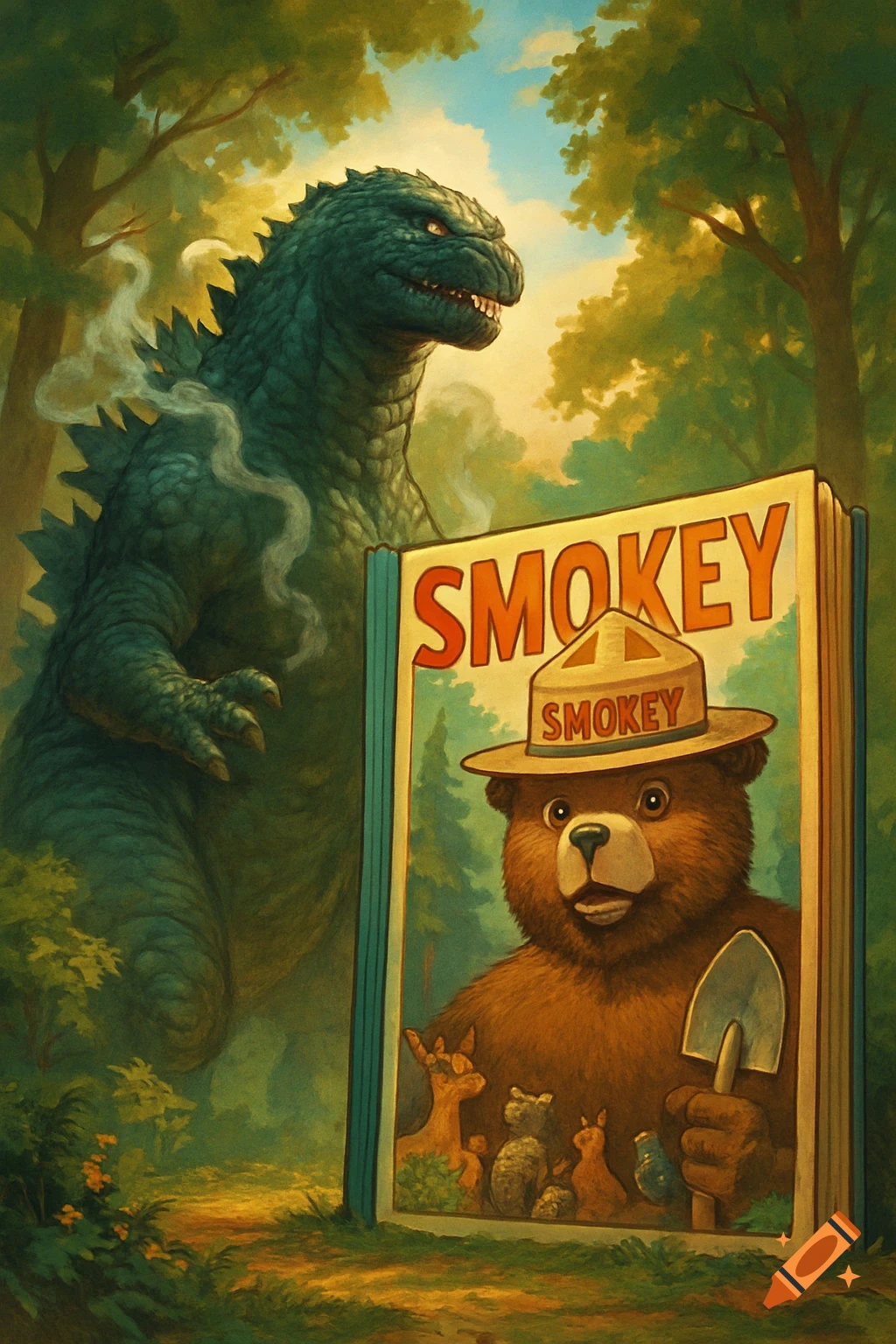 Godzilla stands in a lush forest behind an open comic book featuring Smokey Bear on its cover, in a painterly style.