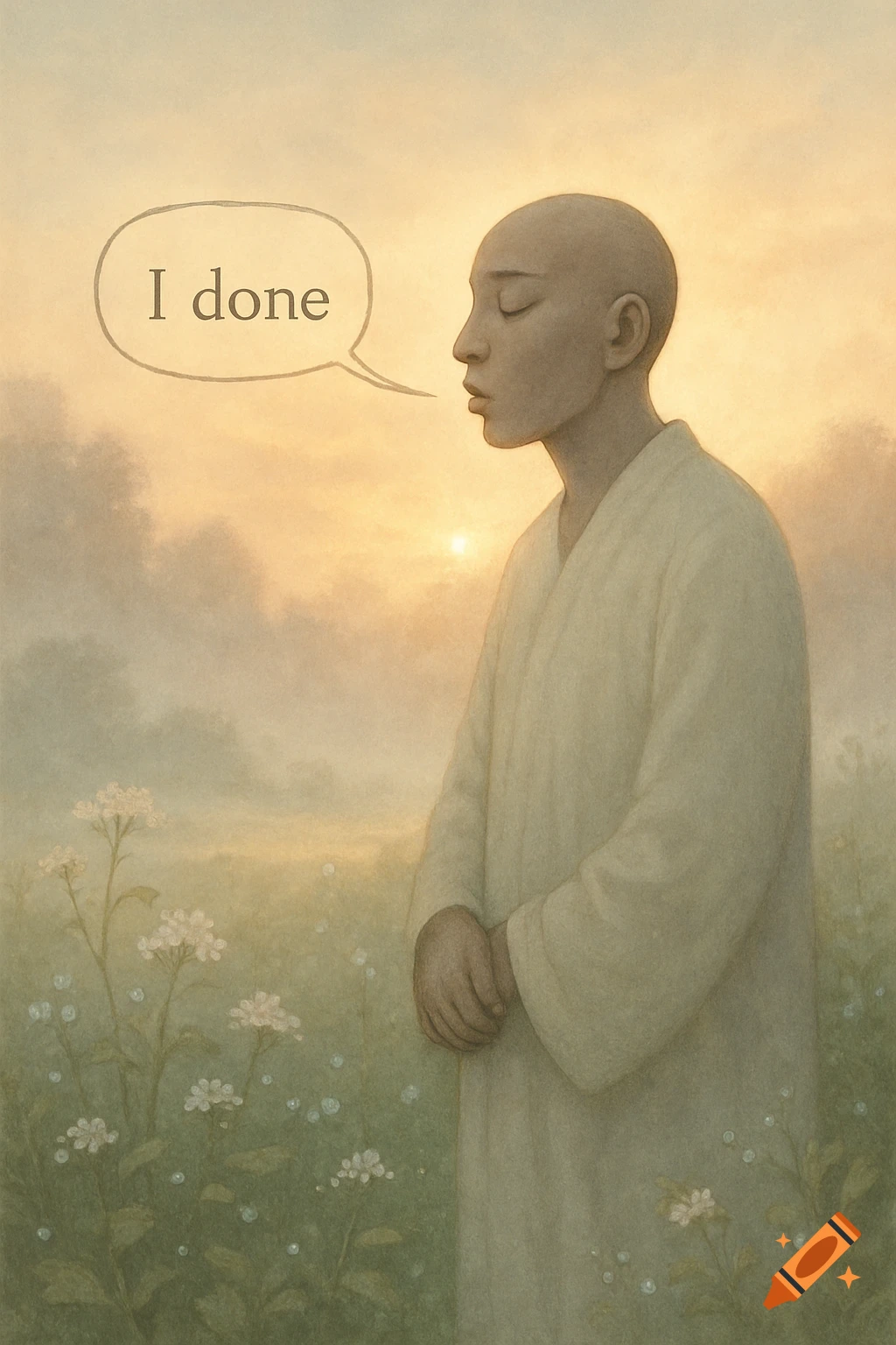 A bald person in a white robe stands with closed eyes in a field of flowers at sunset, with a speech bubble saying "I done" in a soft, painterly style.