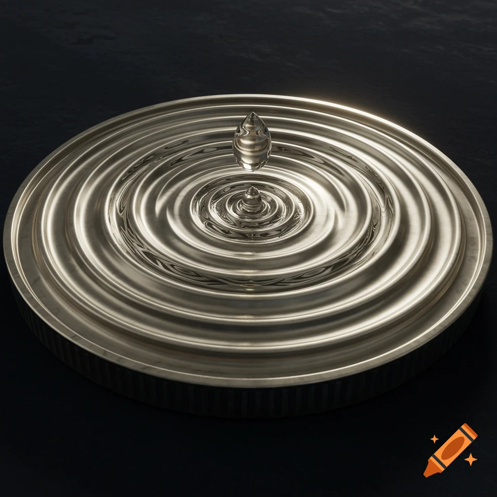 A close-up of a metallic circular object with concentric ripples and a droplet-like form at the center, on a dark background. Photorealistic style.