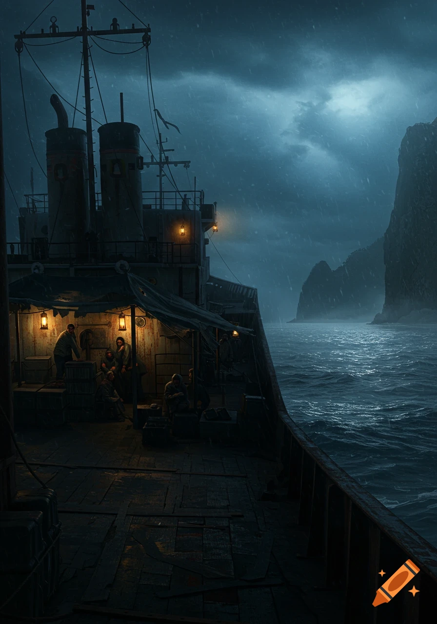 An old, dark ship on rough waters under a stormy sky, with rocky cliffs in background. Figures huddle on deck under lantern light.