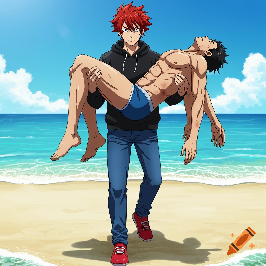 Anime man with red hair in a hoodie carries a shirtless, muscular man in blue briefs on a beach.