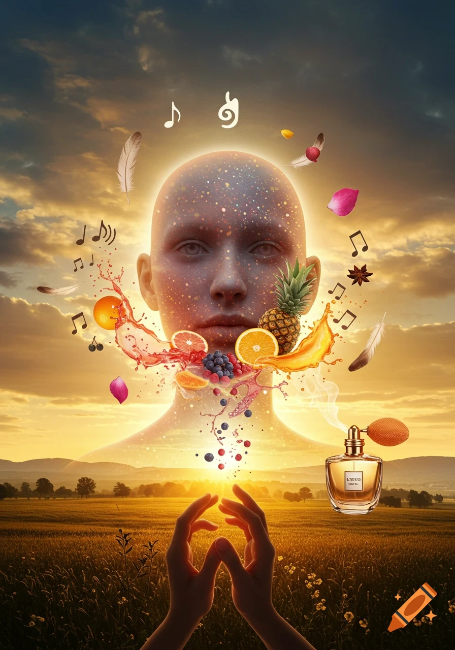 Conceptual art of a glowing bald head with fruits, music notes, feathers, and perfume flowing, set against a sunset field with hands reaching up.